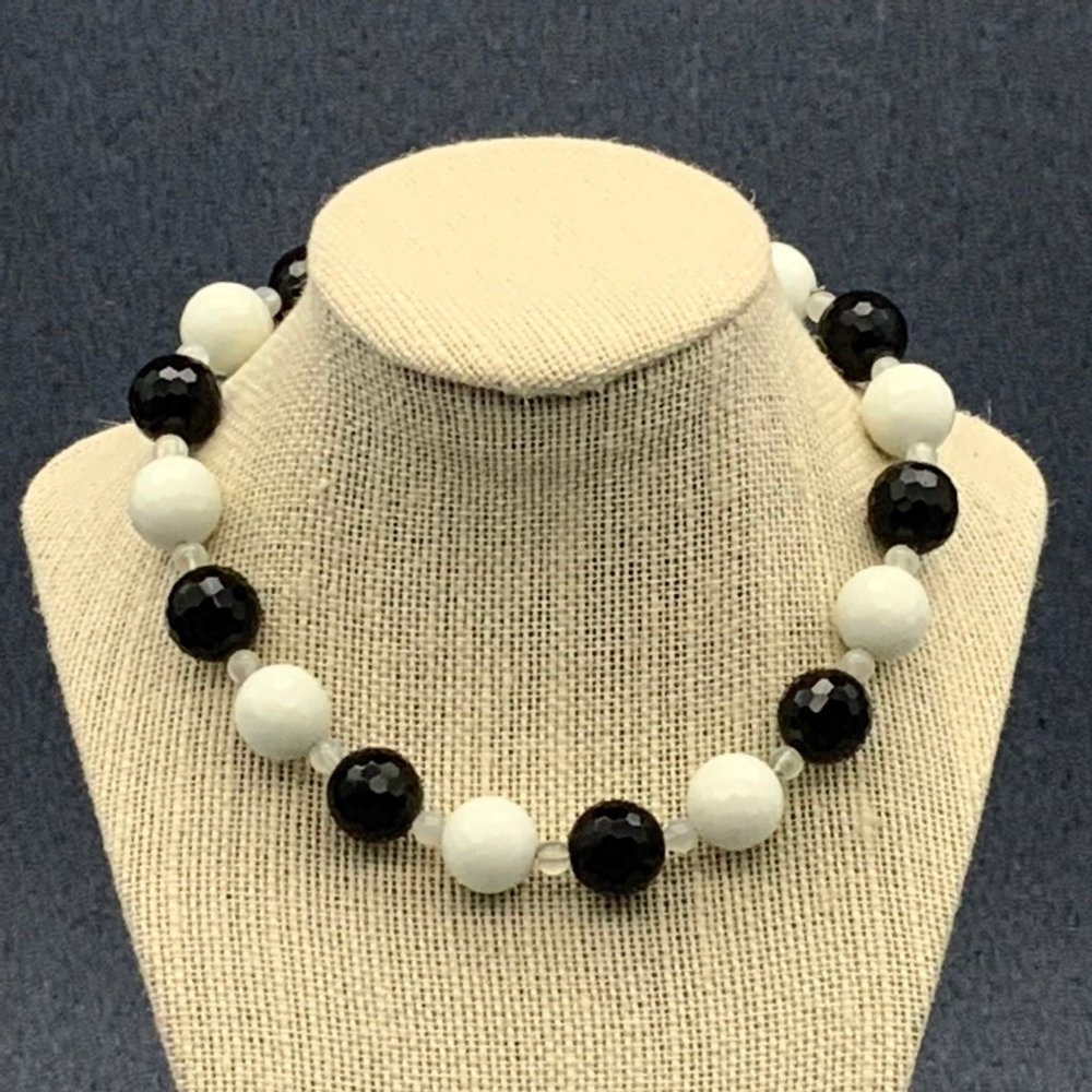 Glass Bead Necklace Black White Faceted Frosty Clear Silver Toggle Closure Retro